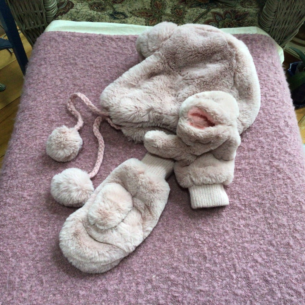 Blush, Soft Faux Fur Trapper Hat and Mittens